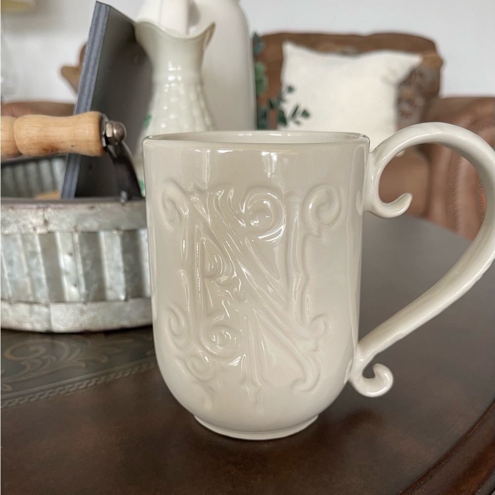 Pottery Barn A-Z Monogram Letter Ivory Off White Embossed “N” Mug ☕️